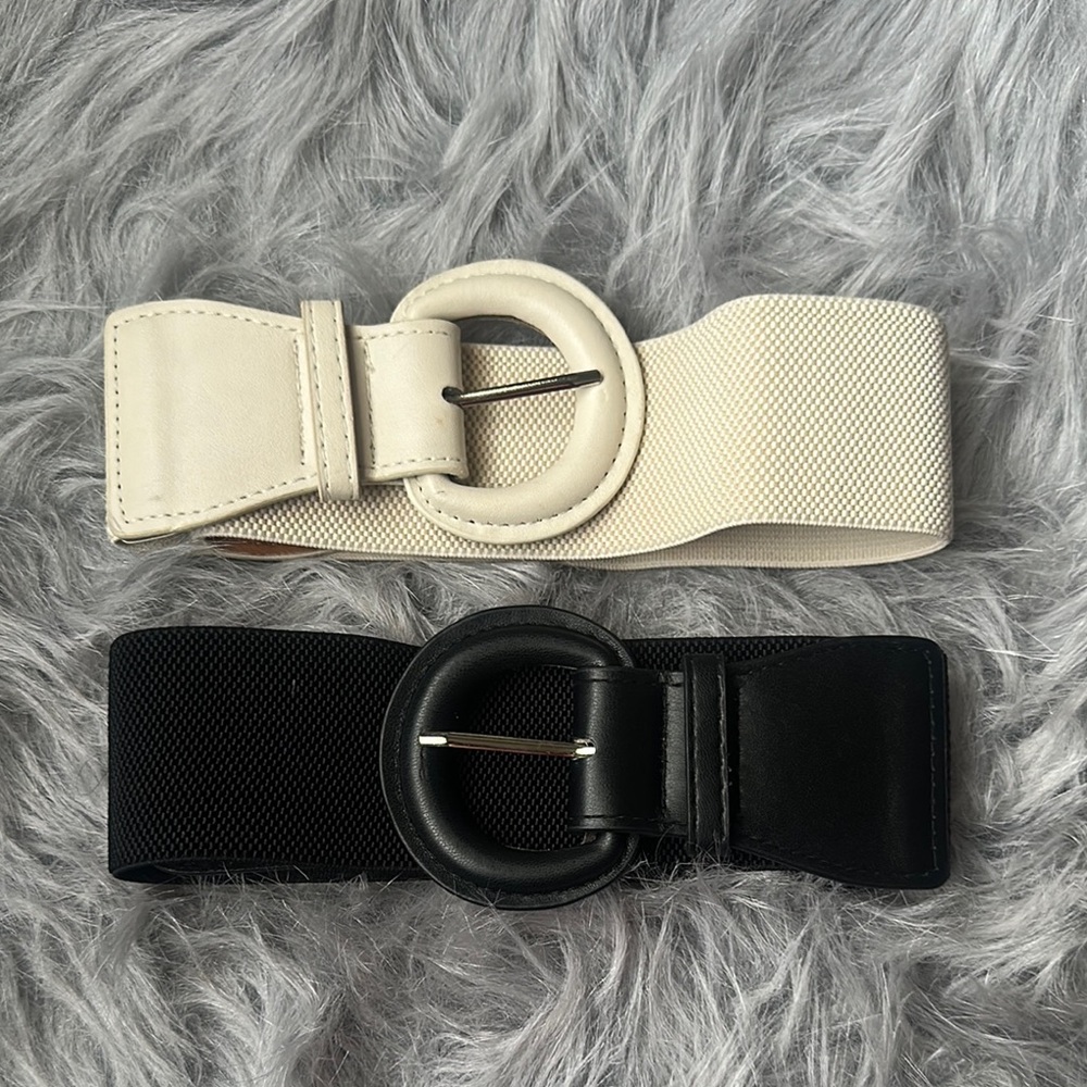 Black and Cream Elastic Belts with Circular Buckles